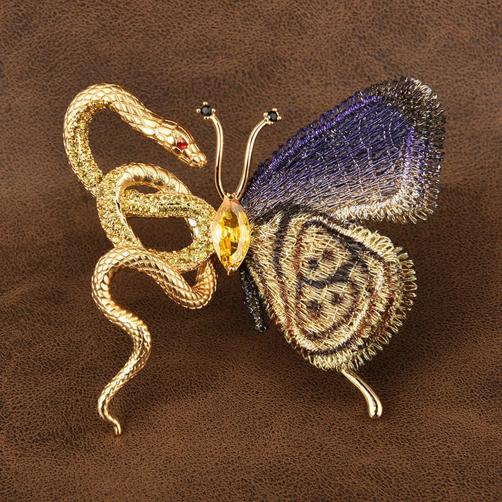 Spilla da donna con farfalla ricamata viola e serpente dorato