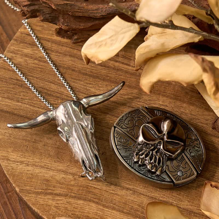 Set di cravatte Bolo con ciondolo a forma di mucca, fibbia per cintura con coltello nascosto fai da te e teschio