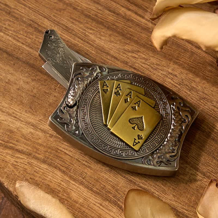 Set di fibbia per cintura con coltello nascosto fai da te Lucky Poker, fibbia per accendino e anello da toro