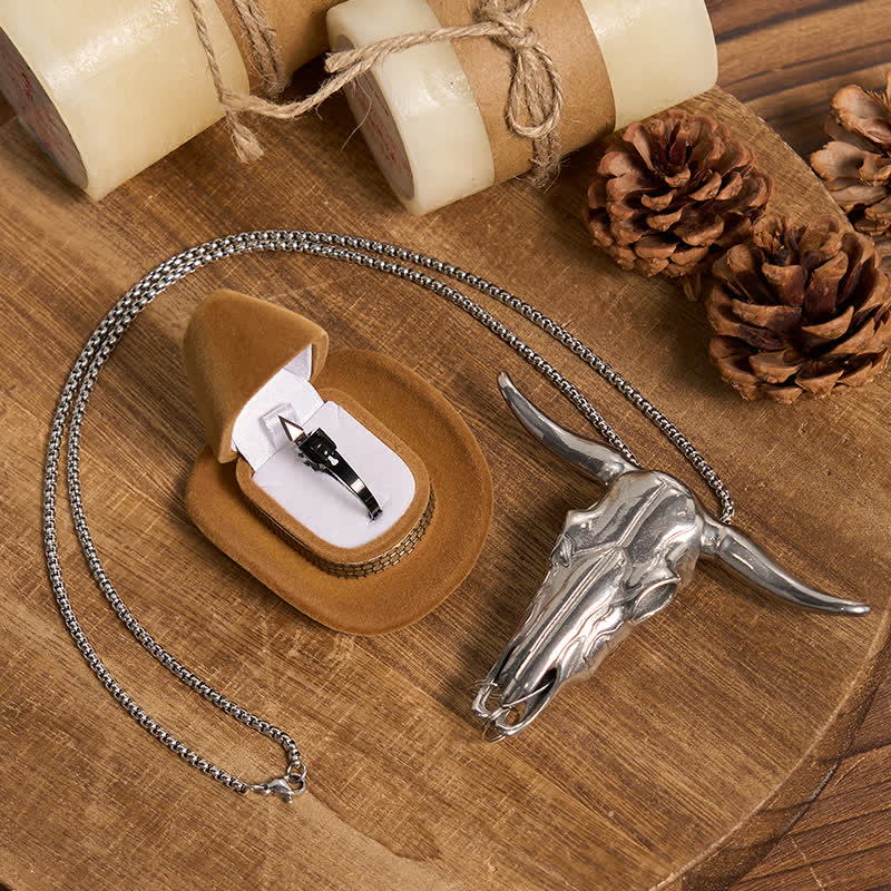 Set di anelli con lama nascosta e ciondolo a forma di toro cornuto - Ciondolo Longhorn e anello nero - image 6