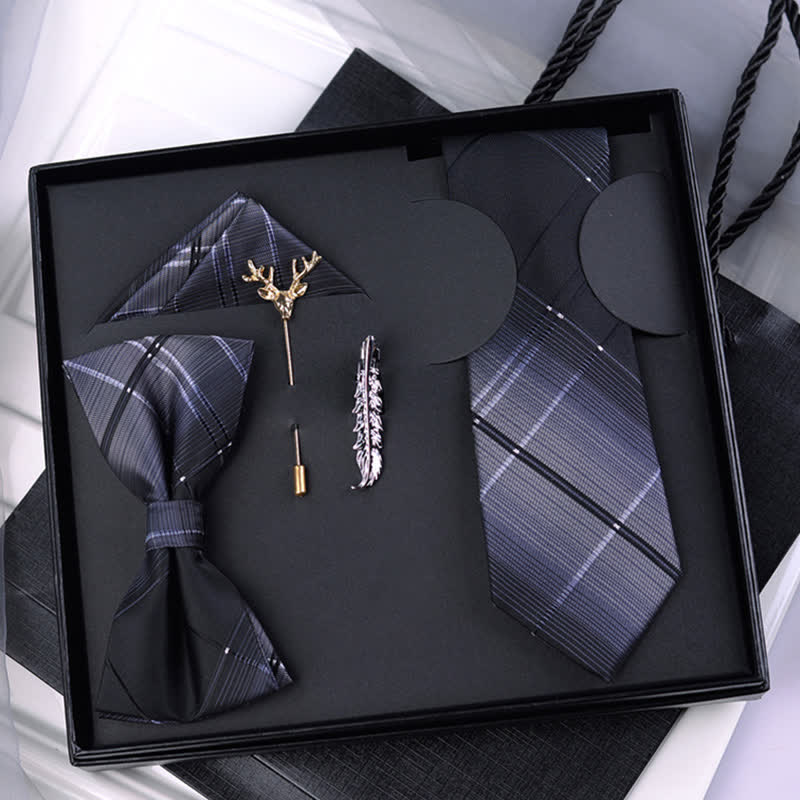 5 pezzi papillon a quadri sfumati neri e grigi da uomo in scatola regalo - Nero e grigio - image 0