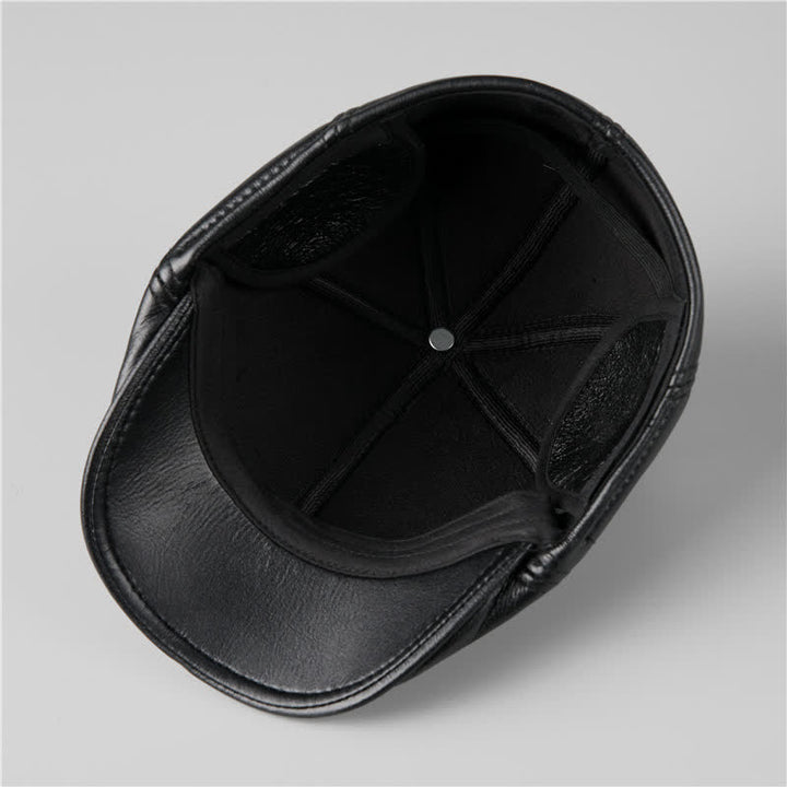 Cappello basco in pelle con paraorecchie caldi e berretto di edera nero