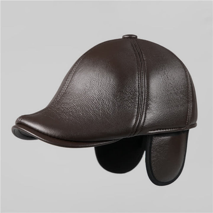 Cappello basco in pelle con paraorecchie caldi e berretto di edera nero