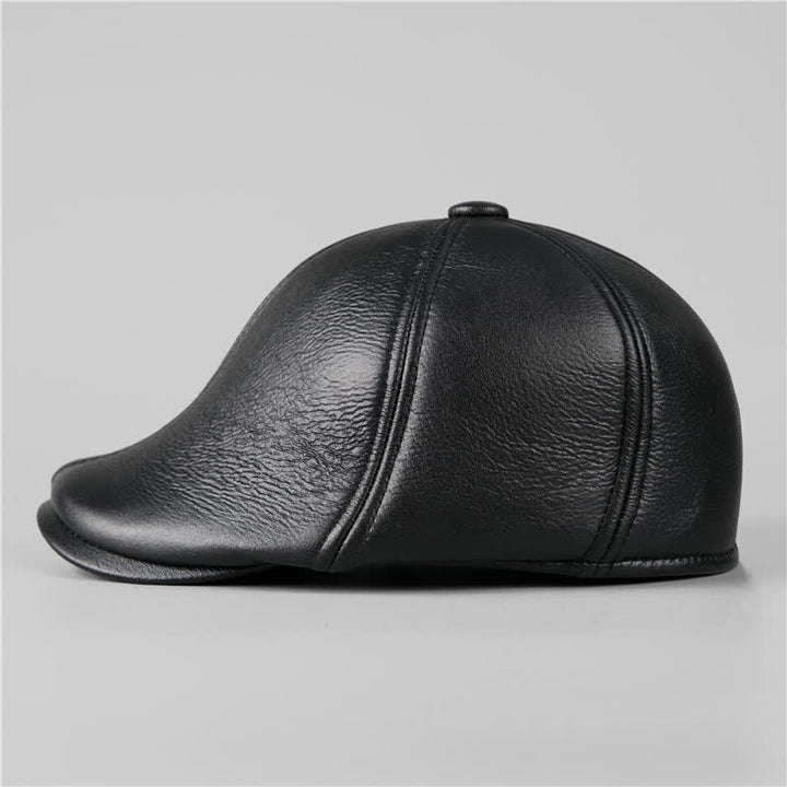 Cappello basco in pelle con paraorecchie caldi e berretto di edera nero