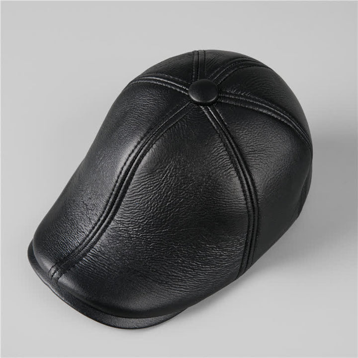 Cappello basco in pelle con paraorecchie caldi e berretto di edera nero