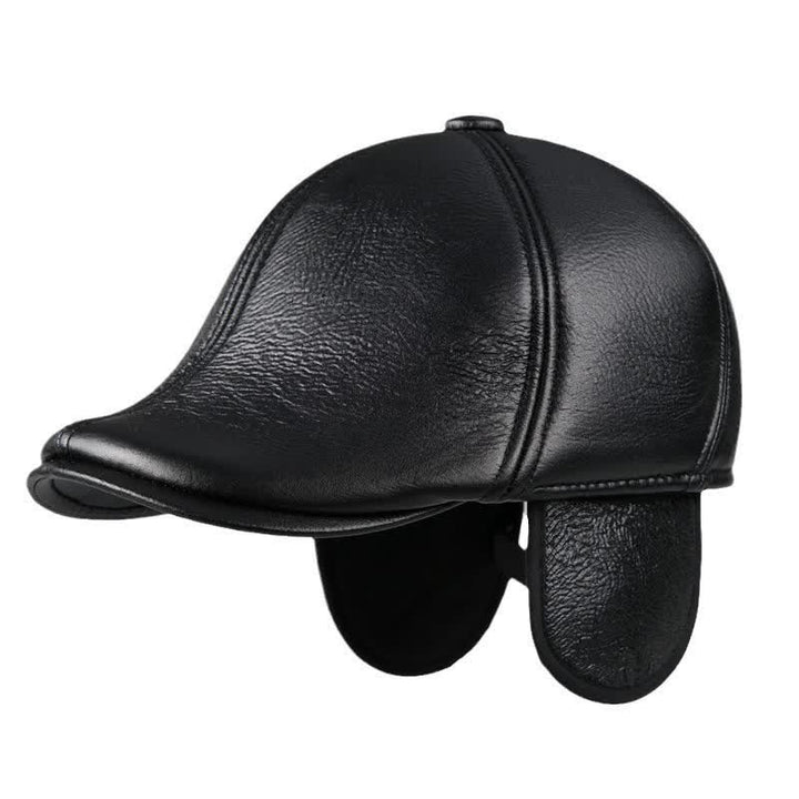 Cappello basco in pelle con paraorecchie caldi e berretto di edera nero