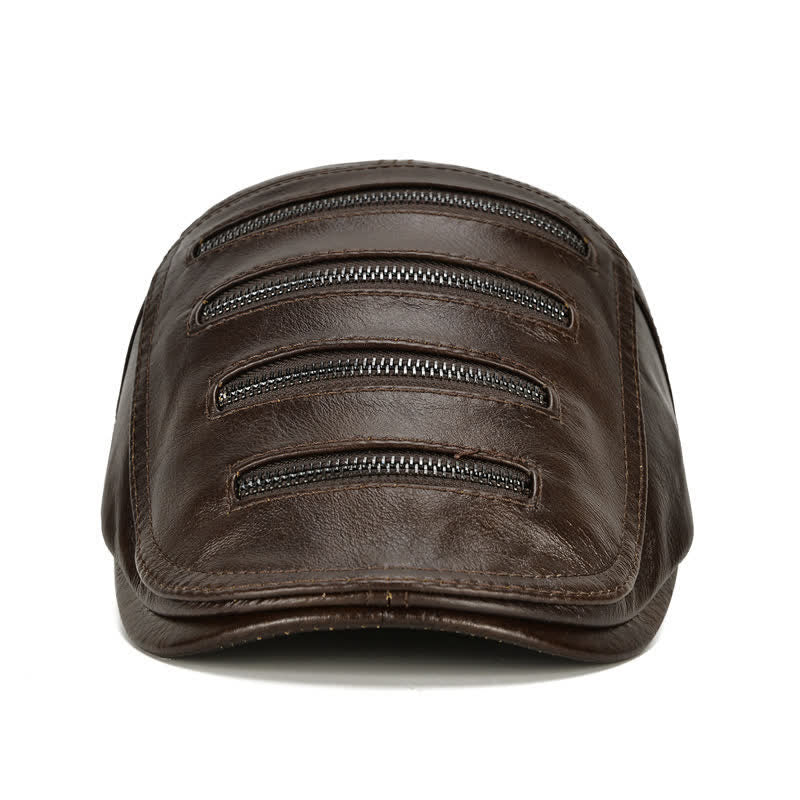 Cappello basco in pelle con decorazione a cerniera orizzontale