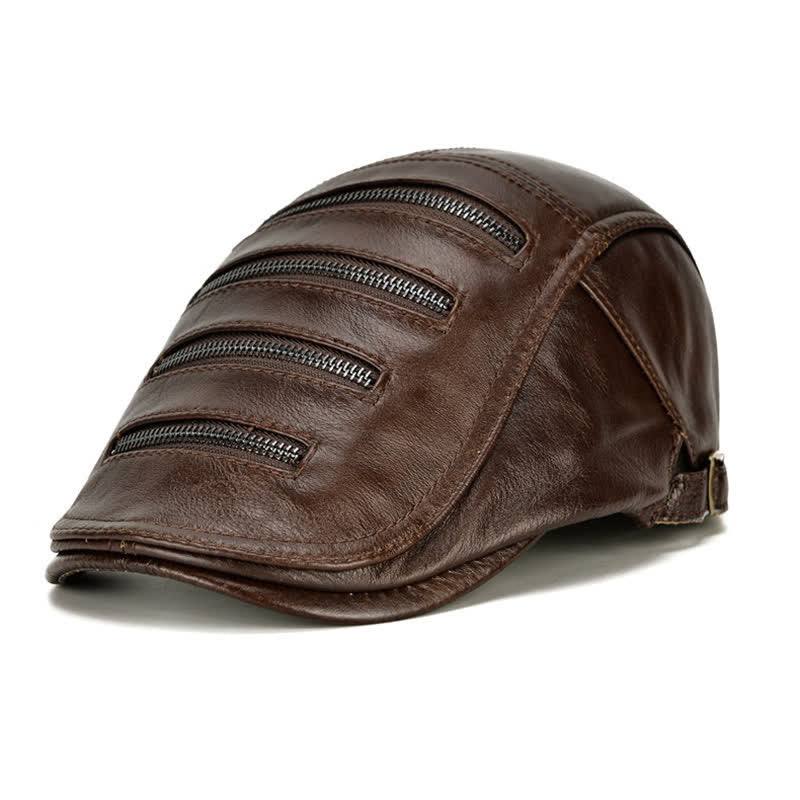 Cappello basco in pelle con decorazione a cerniera orizzontale - Marrone scuro - Regolabile (21 5/8"-23 5/8") - image 0