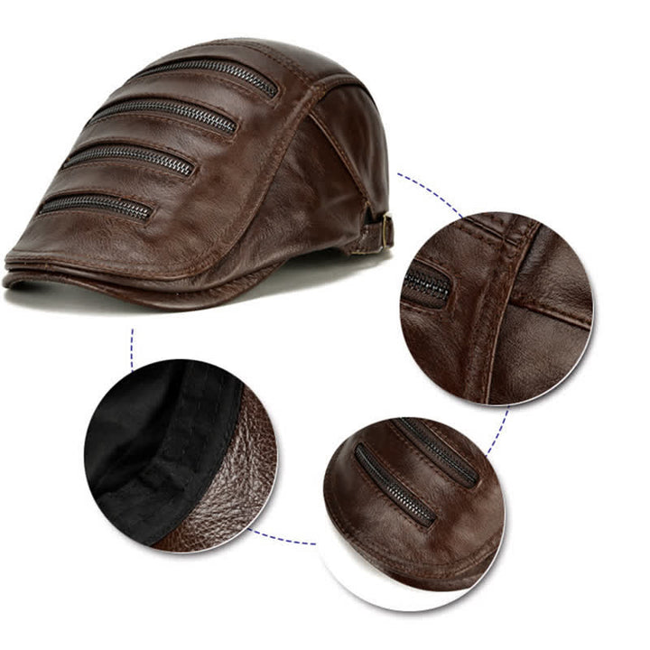 Cappello basco in pelle con decorazione a cerniera orizzontale