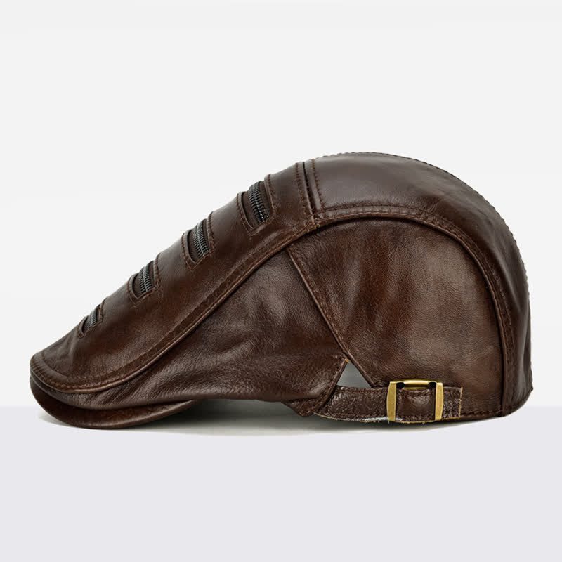 Cappello basco in pelle con decorazione a cerniera orizzontale