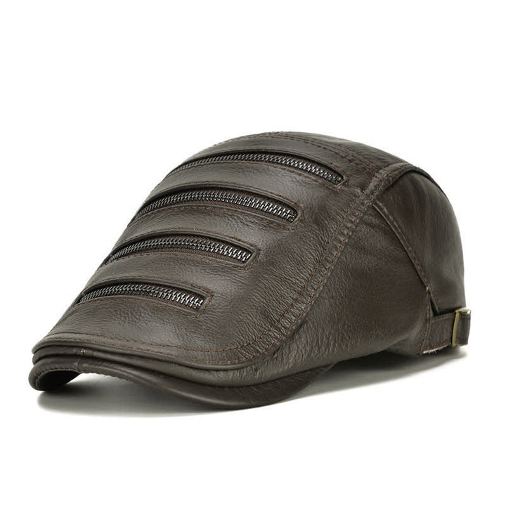 Cappello basco in pelle con decorazione a cerniera orizzontale