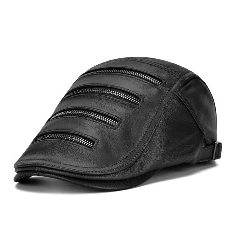Cappello basco in pelle con decorazione a cerniera orizzontale