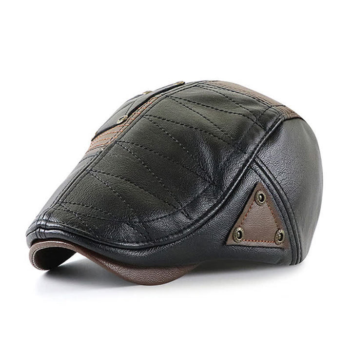 Cappello basco in pelle con cuciture alla moda e contrasto di colore - Nero - Regolabile (22"-23 5/8") - image 0