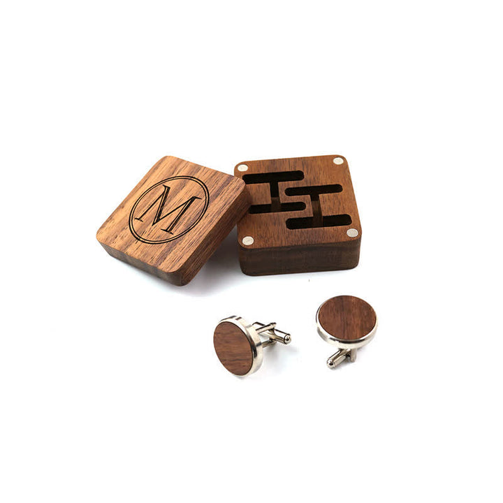 Gemelli in legno con scatola incisa con lettera personalizzata da uomo