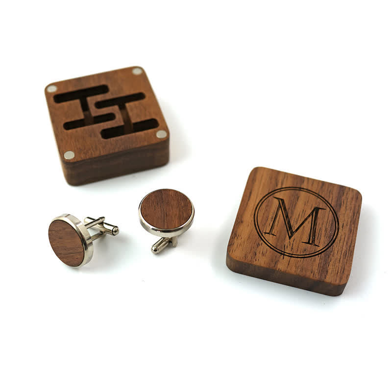 Gemelli in legno con scatola incisa con lettera personalizzata da uomo - image 0
