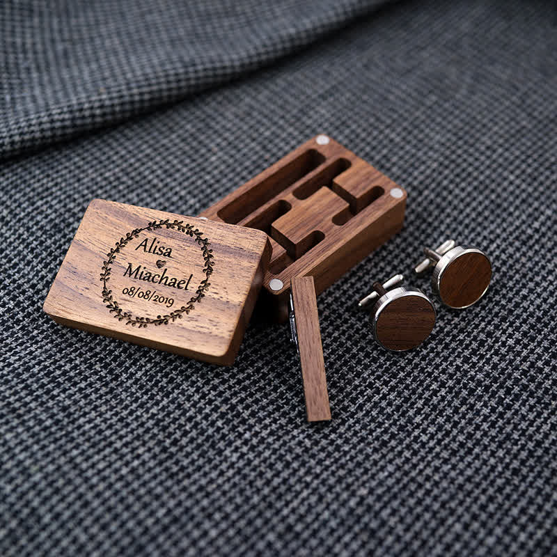 Set di gemelli in legno per matrimonio da uomo con superficie a scatola e incisione personalizzata - image 3
