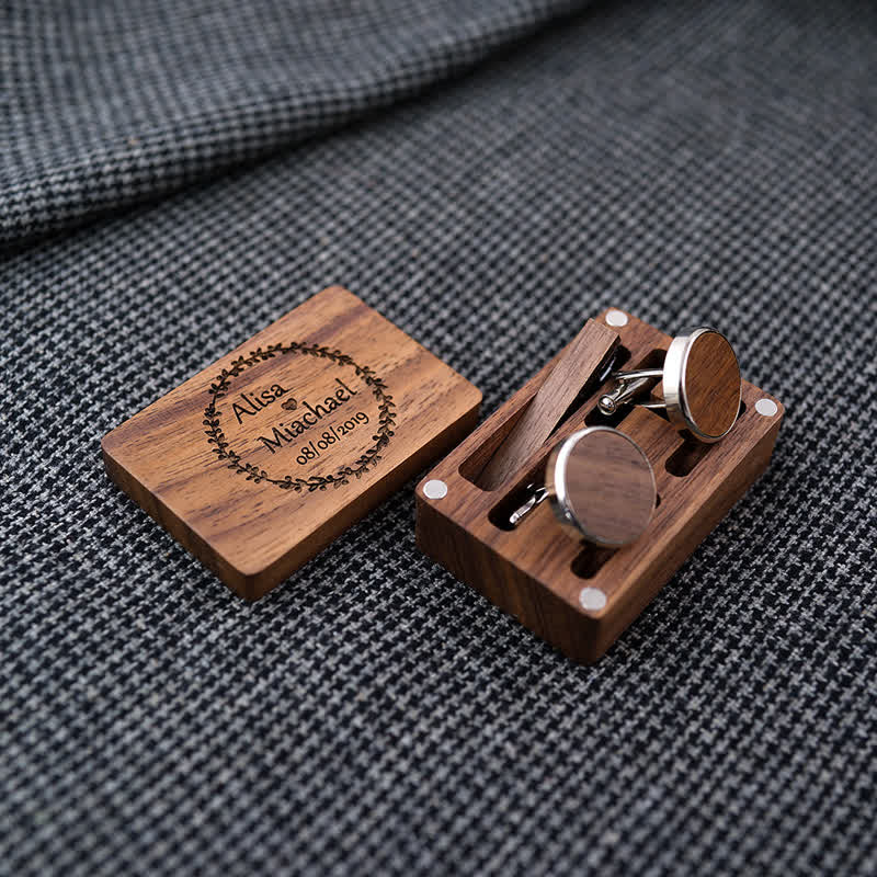 Set di gemelli in legno per matrimonio da uomo con superficie a scatola e incisione personalizzata