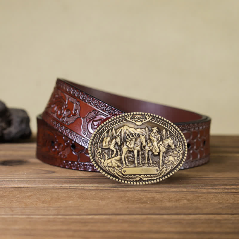 Cintura in pelle fai da te da uomo con fibbia a forma di cavallo con cavaliere in bronzo antico - Bronzo - Cintura marrone intagliata - 42 - image 5