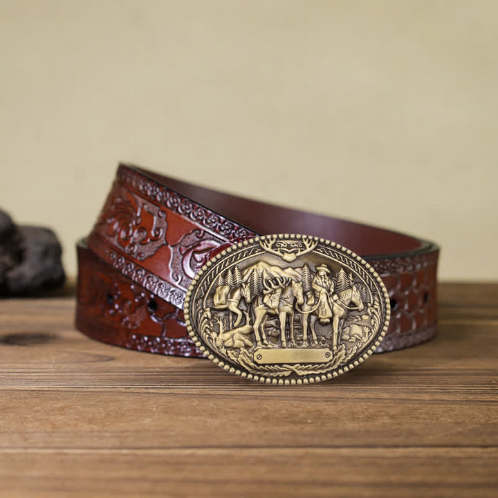 Cintura in pelle fai da te da uomo con fibbia a forma di cavallo con cavaliere in bronzo antico - Bronzo - Cintura marrone intagliata - 42 - image 5
