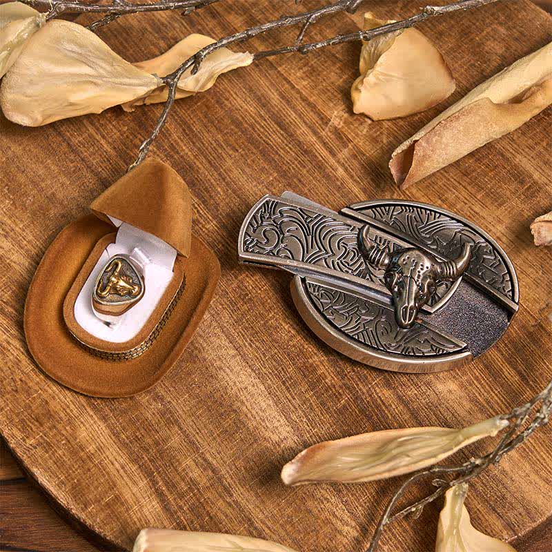 Set di anelli con ciondolo e fibbia per cintura con coltello nascosto fai da te Longhorn Bull