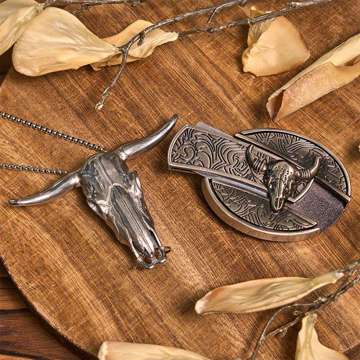 Set di anelli con ciondolo e fibbia per cintura con coltello nascosto fai da te Longhorn Bull