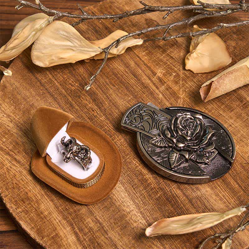 Set di anelli di capra con ciondolo a forma di corno di cervo, fibbia per cintura con coltello nascosto fai da te Rose