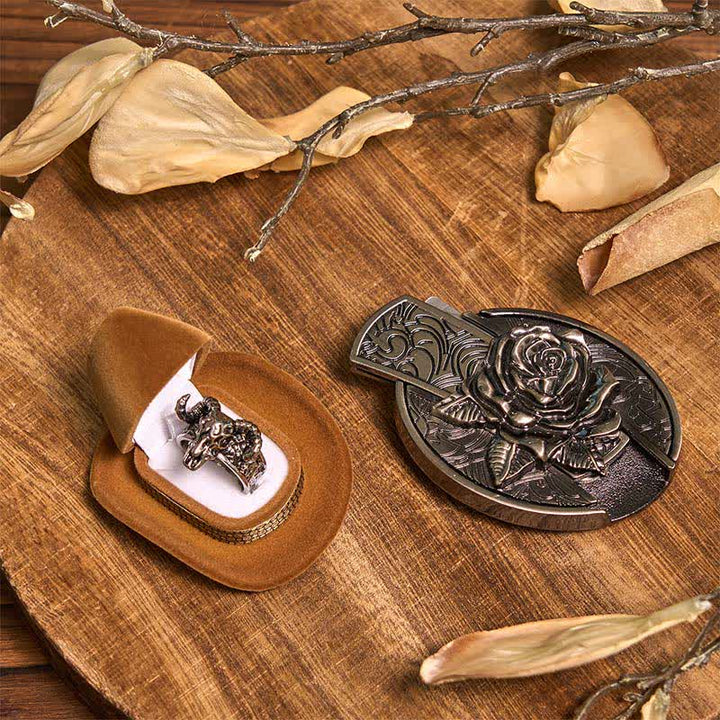 Set di anelli di capra con ciondolo a forma di corno di cervo, fibbia per cintura con coltello nascosto fai da te Rose