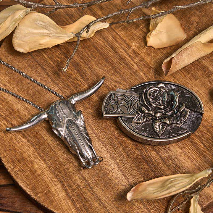 Set di anelli di capra con ciondolo a forma di corno di cervo, fibbia per cintura con coltello nascosto fai da te Rose