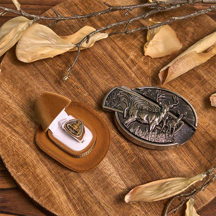 Set di Fibbia per Cintura con Coltello Nascosto Fai da Te a Forma di Cervo, Ciondolo a Forma di Corno Lungo, Anello da Toro