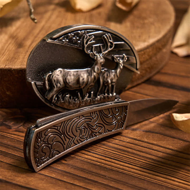 Set di Fibbia per Cintura con Coltello Nascosto Fai da Te a Forma di Cervo, Ciondolo a Forma di Corno Lungo, Anello da Toro
