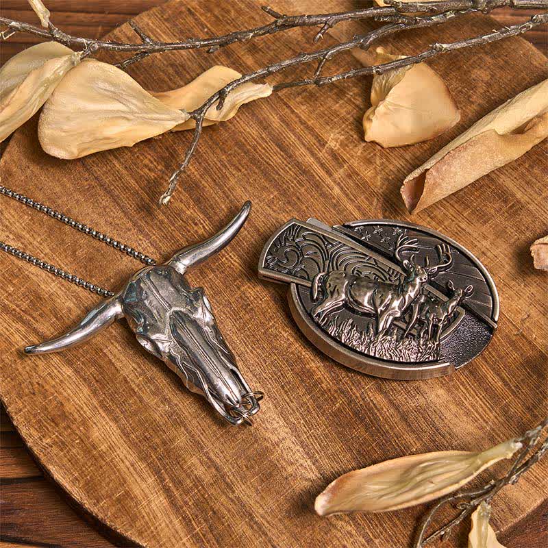 Set di Fibbia per Cintura con Coltello Nascosto Fai da Te a Forma di Cervo, Ciondolo a Forma di Corno Lungo, Anello da Toro