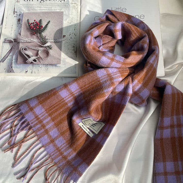 Sciarpa unisex vintage in cashmere a quadri abbinati - Viola e caffè - image 6