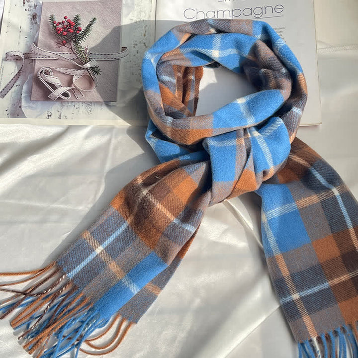 Sciarpa unisex vintage in cashmere a quadri abbinati - Blu cielo profondo e arancione - image 10