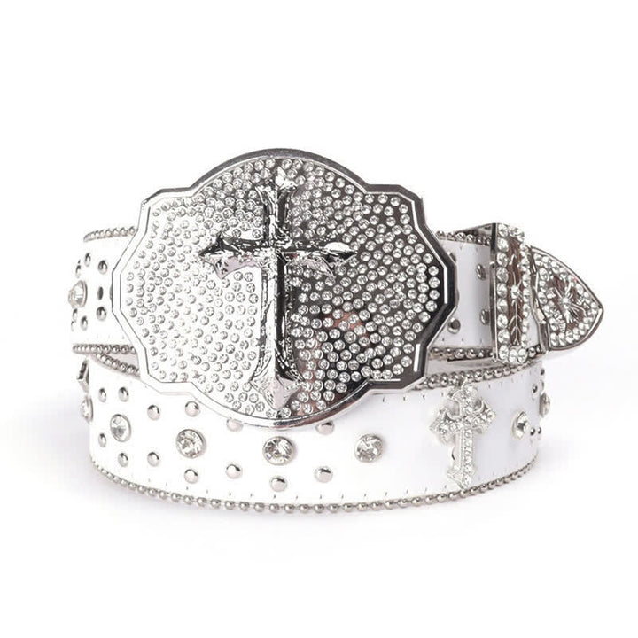 Cintura in pelle con fibbia a croce scintillante e borchie di strass - Bianco e argento - 40 - image 7