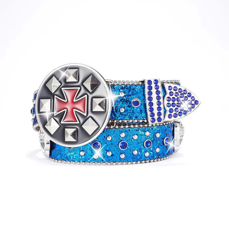 Cintura in pelle con teschio tempestato di strass e chiusura a croce vintage