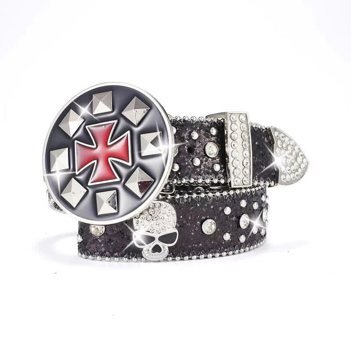 Cintura in pelle con teschio tempestato di strass e chiusura a croce vintage