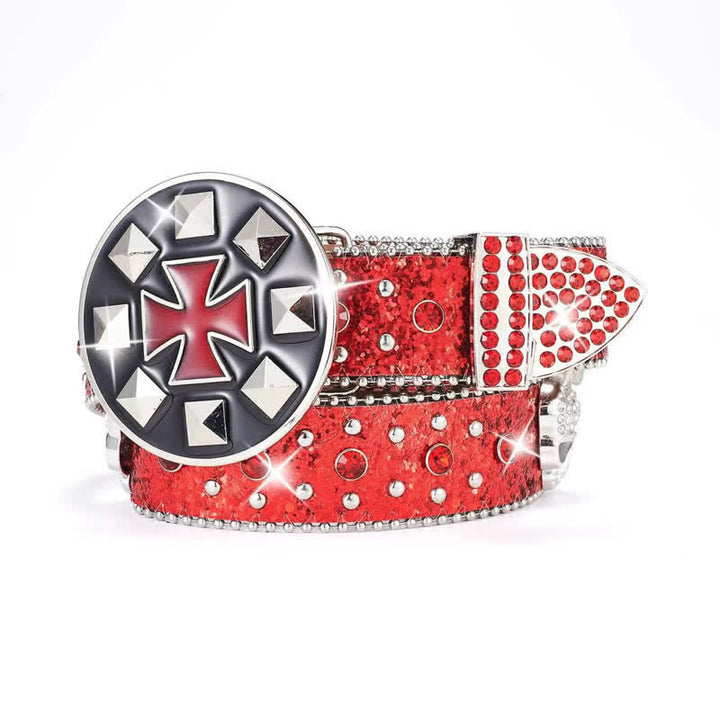 Cintura in pelle con teschio tempestato di strass e chiusura a croce vintage