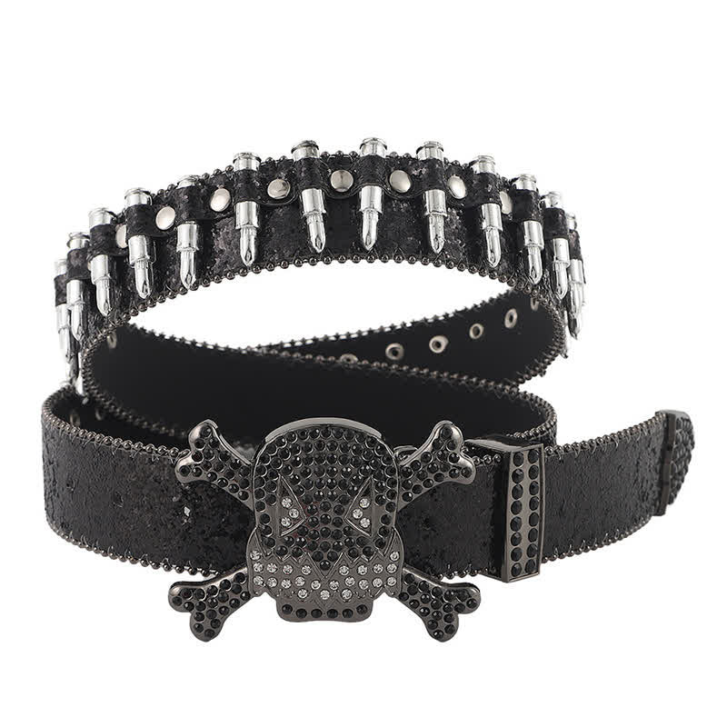 Cintura in pelle con fibbia a forma di proiettile e rivetti a forma di teschio dei cartoni animati - Nero - 42 - image 0