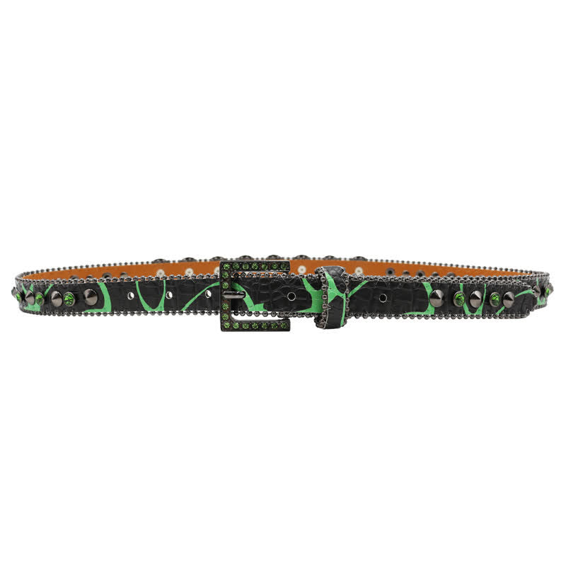Cintura in pelle con stampa leopardata e rivetti a forma di teschio gotico