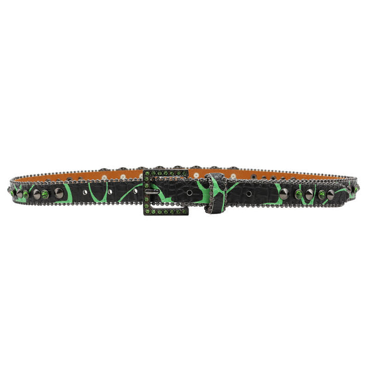 Cintura in pelle con stampa leopardata e rivetti a forma di teschio gotico