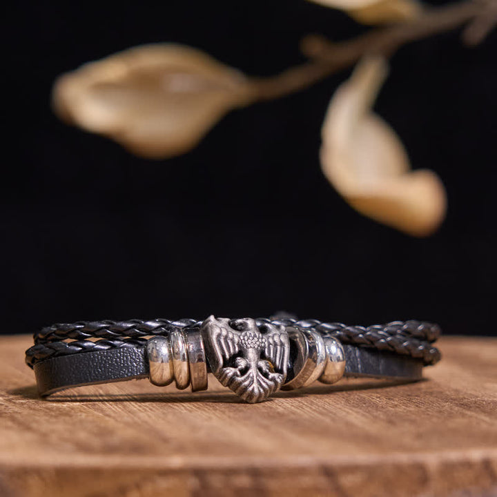 Braccialetto in pelle nera con testa di animale e teschio alla moda