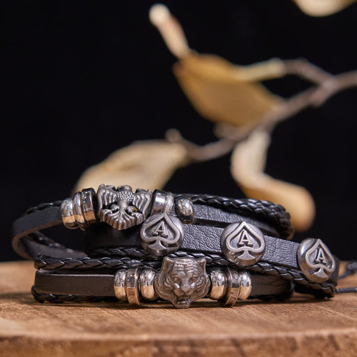 Braccialetto in pelle nera con testa di animale e teschio alla moda