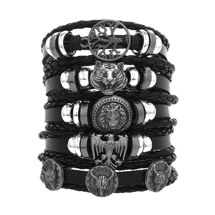 Braccialetto in pelle nera con testa di animale e teschio alla moda