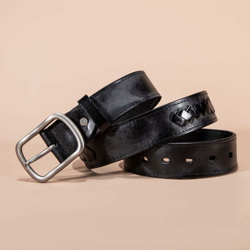 Cintura in pelle di vacchetta con motivo intrecciato retrò - Nero - 44 - image 4