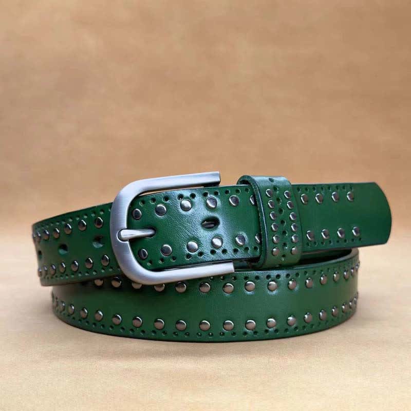 Cintura in pelle con rivetti in metallo punk di colore puro antico - Verde - 40 - image 10