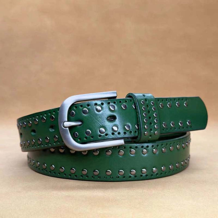 Cintura in pelle con rivetti in metallo punk di colore puro antico - Verde - 40 - image 10