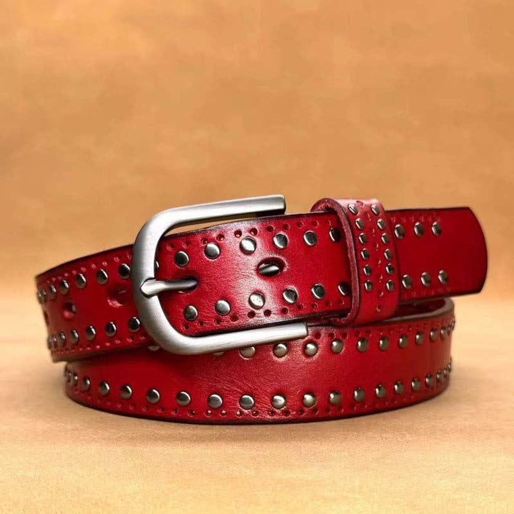 Cintura in pelle con rivetti in metallo punk di colore puro antico - Rosso - 40 - image 12