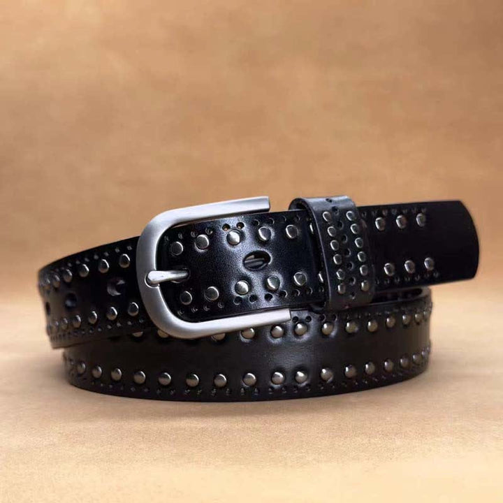 Cintura in pelle con rivetti in metallo punk di colore puro antico - Nero - 40 - image 7