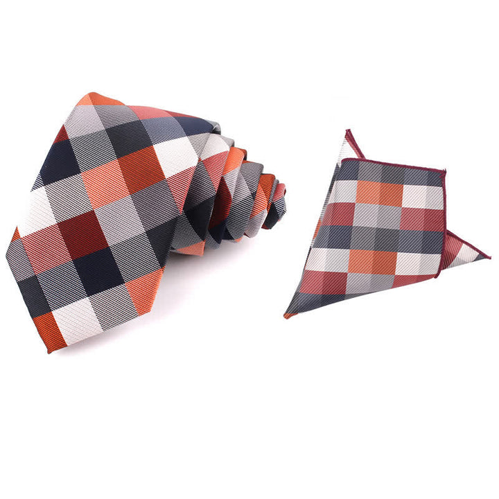Cravatta stretta a quadri moderna casual da uomo - Corallo - Cravatta + Fazzoletto - image 12