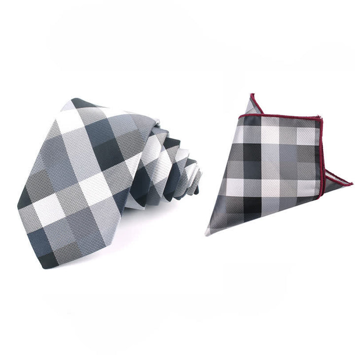 Cravatta stretta a quadri moderna casual da uomo - Grigio - Cravatta + Fazzoletto - image 22